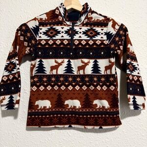 Boys 5T Quarter Zip Pullover Fleece Brown Aztec Moose Bear Tree‎ Pattern
